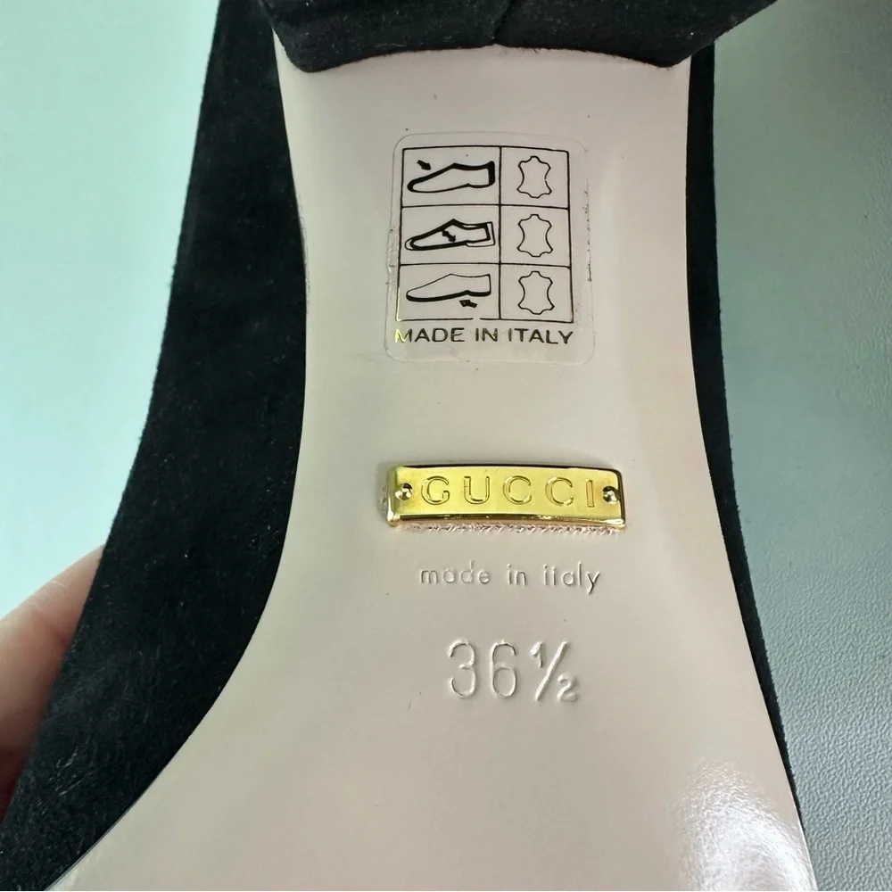 Gucci GG Marmont Pumps Black Suede Kid Scamosciato Block Heel Logo Loafers 36.5 - Picture 7 of 9